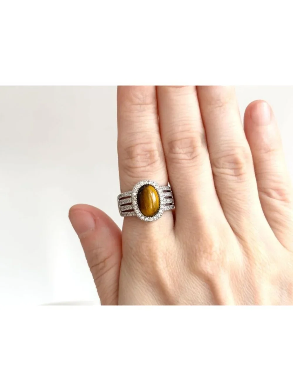 Genuine Tiger's Eye Gemstone Open Shank Sterling Silver 925 Vintage Ring - sz 8
